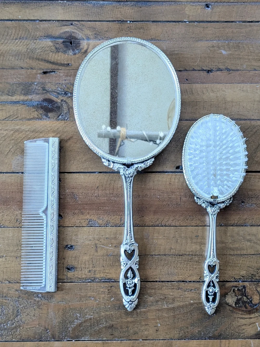 Vintage Gemite 3-Pc Vanity Set - Mirror, Brush & Comb - Silver Tone & Gold Broca